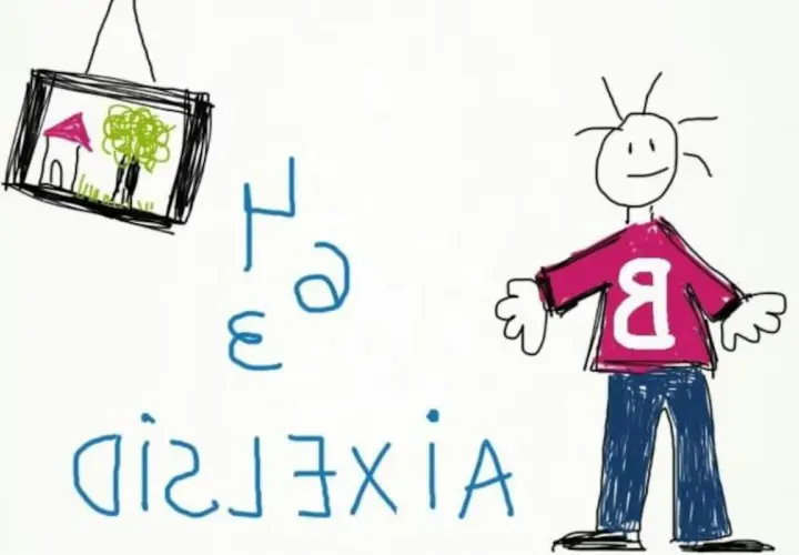Un dibujo infantil muestra un cuadro con una casa y un árbol, letras desordenadas y un niño con una "B" en su camiseta, como si lo viera un disléxico.