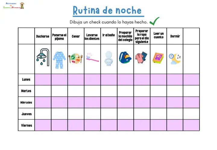 Pictograma para niños: tabla de rutina nocturna con iconos para ducharse, pijama, cenar, dientes, baño, mochila, ropa, cuento y dormir.