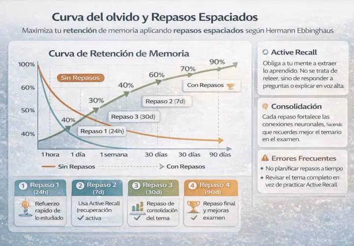 Gráfico de la curva del olvido y repasos espaciados. Muestra cómo la retención de memoria disminuye sin repasos, pero mejora con la **curva del olvido repasos** espaciados.