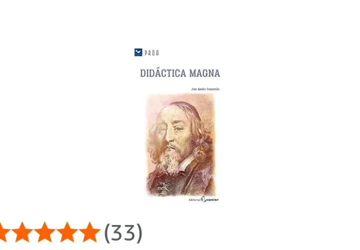 Portada de "Didáctica Magna" de Juan Amós Comenio, con retrato del autor y valoración de 4,8 estrellas.