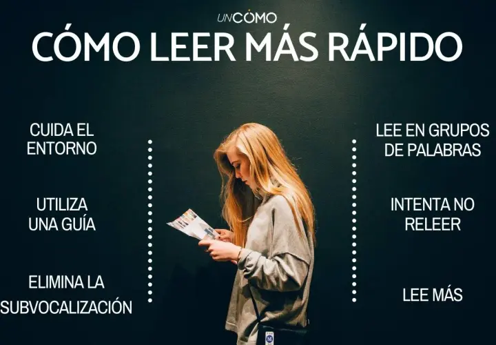 Chica rubia leyendo, con consejos sobre métodos para aprender a leer más rápido: cuida el entorno, usa guía, elimina subvocalización, lee en grupos de palabras, no releas, lee más.