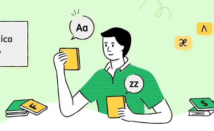 Un hombre aprende fonética y CAA. Un pictograma de "gracias" aparece en su mente.