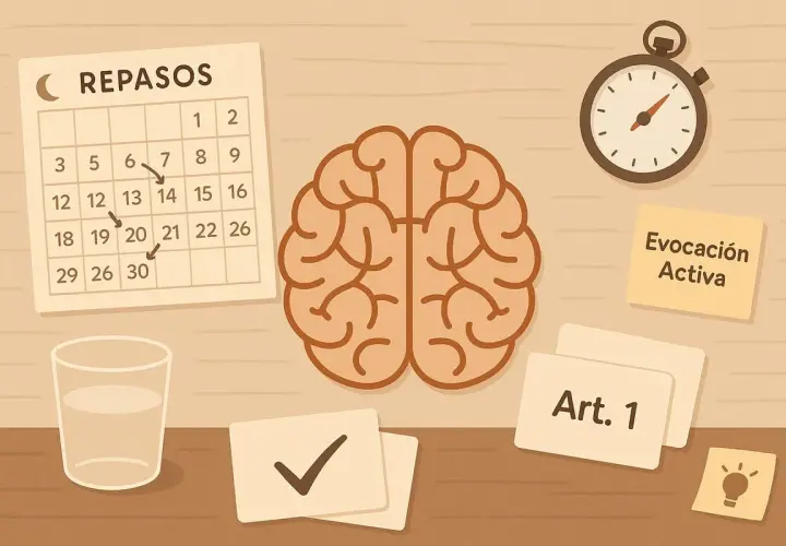 Cerebro, calendario de repasos y cronómetro ilustran la memoria asociativa, con ejemplos como "Evocación Activa" y "Art. 1".
