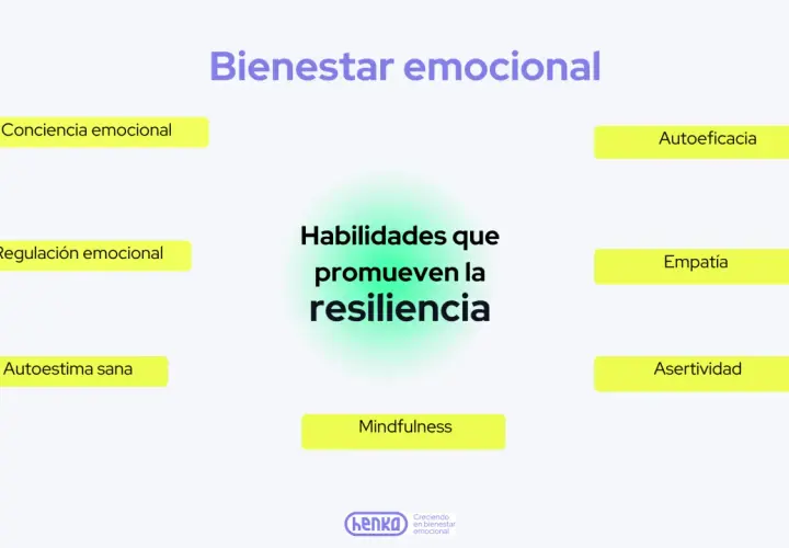 Diagrama sobre bienestar emocional y habilidades para la resiliencia: conciencia, regulación, autoestima, autoeficacia, empatía, asertividad y mindfulness.
