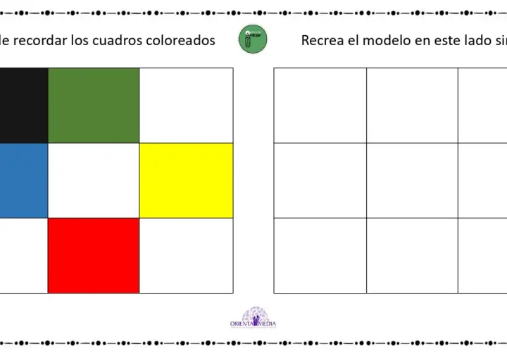 Ejercicio para la memoria visoespacial: reproduce el patrón de cuadros de colores (negro, verde, azul, amarillo, rojo) en el lado derecho.