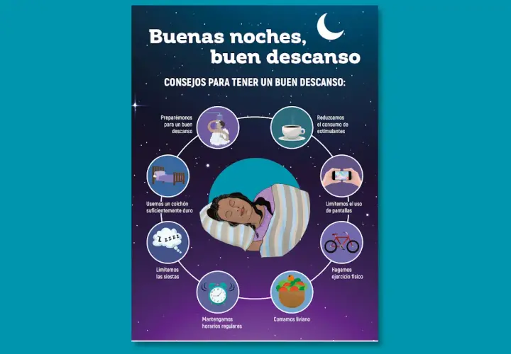 Ilustración que resalta la importancia del descanso con consejos como limitar pantallas, hacer ejercicio y comer liviano.