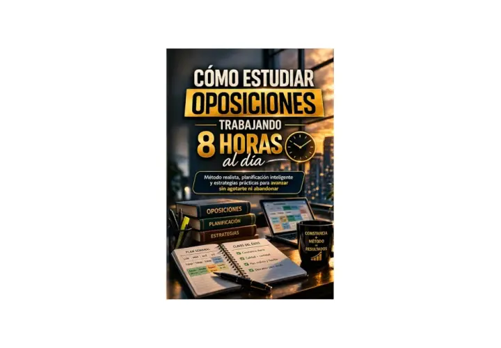 Libro "Cómo estudiar oposiciones trabajando 8 horas al día". Muestra un escritorio con libros, portátil y agenda, ideal para quienes buscan cómo estudiar oposiciones trabajando.