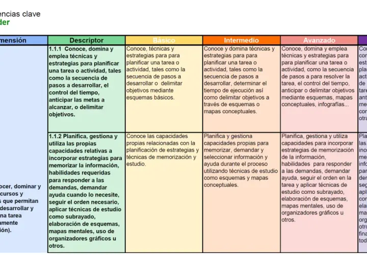 Tabla de competencias clave "Aprender a aprender" con descripciones de técnicas y estrategias, incluyendo estrategias metacognitivas.