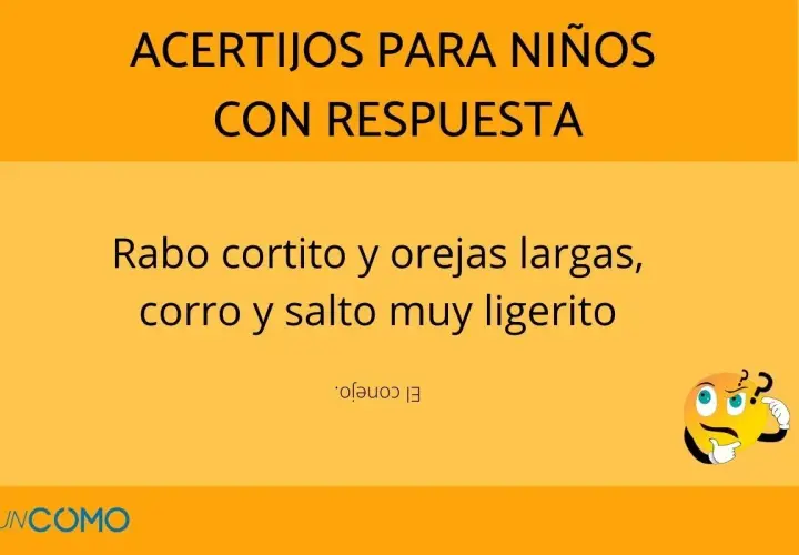 Acertijo para niños: "Rabo cortito y orejas largas, corro y salto muy ligerito". ¿Quién soy? El conejo.