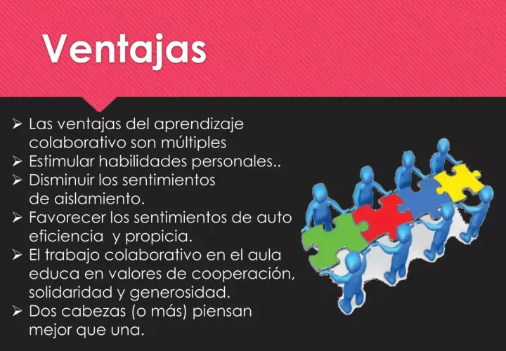Figuras azules arman un rompecabezas, ilustrando las ventajas del aprendizaje cooperativo: estimula habilidades, reduce aislamiento y fomenta valores.