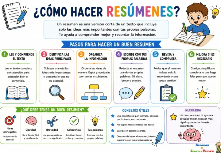 Pasos para estudiar: Lee, identifica ideas, organiza, escribe con tus palabras, revisa y mejora. Un buen resumen te ayuda a estudiar mejor.