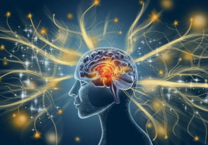 Silueta de cabeza humana con cerebro brillante y conexiones neuronales doradas, explorando curiosidades del cerebro.