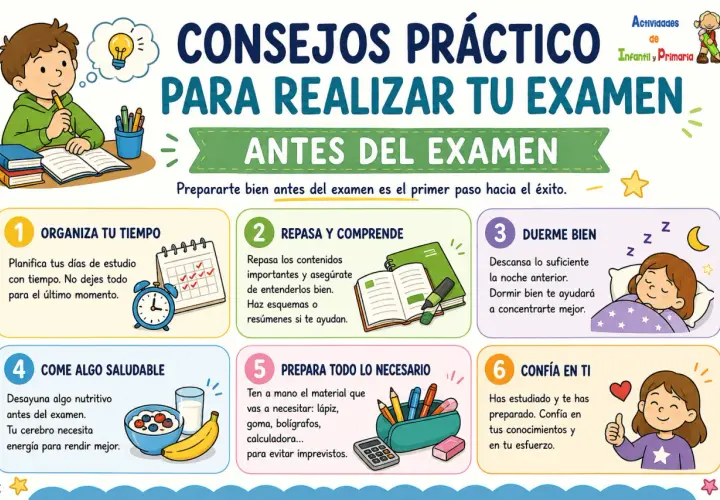 Consejos prácticos: qué hacer antes de un examen. Organiza tu tiempo, repasa, duerme bien, come saludable, prepara tus materiales y confía en ti.
