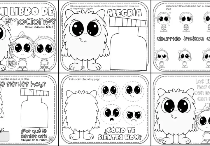 Páginas de un libro para colorear sobre la importancia de trabajar las emociones en infantil, con monstruos y niños expresando sentimientos.