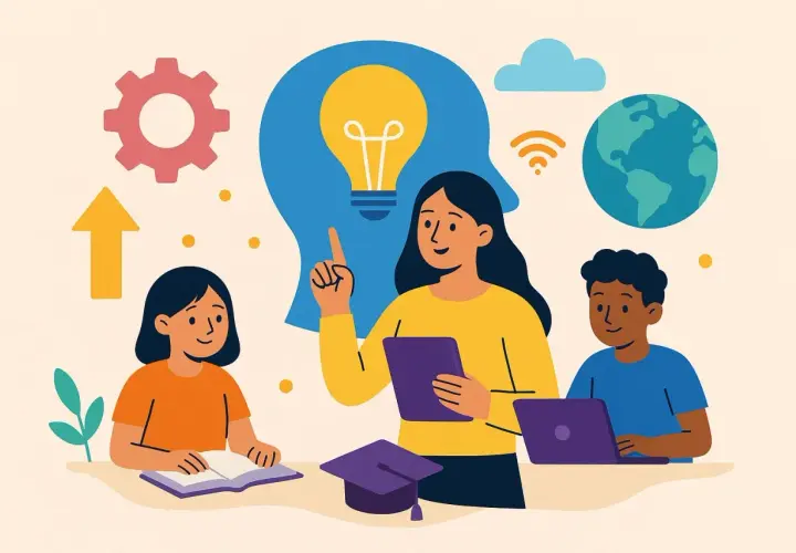Ilustración de niños aprendiendo con una maestra, destacando la bombilla de ideas, el engranaje y el globo terráqueo como factores que influyen en el aprendizaje.