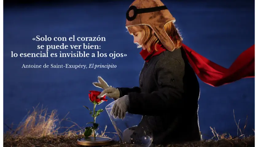 Niña con gorro de aviador y bufanda roja cuida una rosa, evocando palabras con sentimiento de "El Principito".