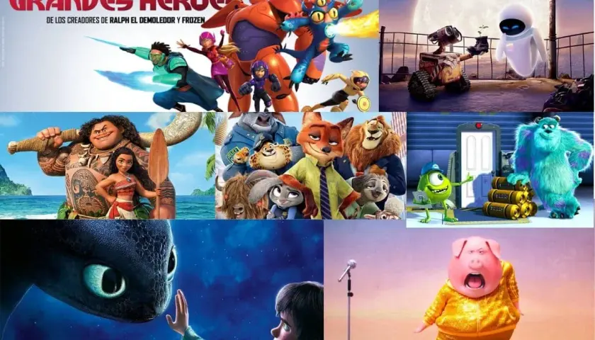 Collage de películas infantiles con valores: "Grandes Héroes", "Moana", "Zootopia", "WALL-E", "Monsters, Inc." y "Sing".