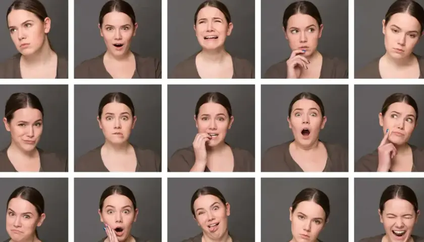 Serie de expresiones faciales de una mujer, mostrando diferentes emociones. Un ejemplo del **método ruler** para la interpretación.
