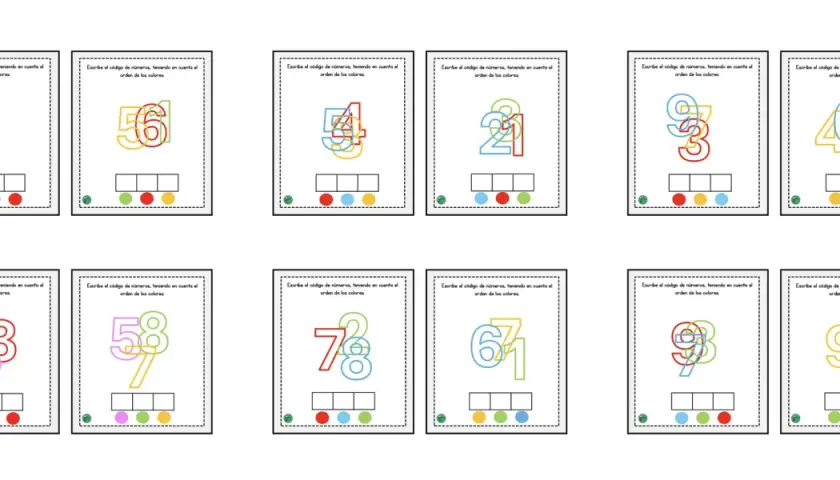 Tarjetas educativas con números superpuestos de colores para descifrar códigos. Curiosidades de los números para aprender jugando.