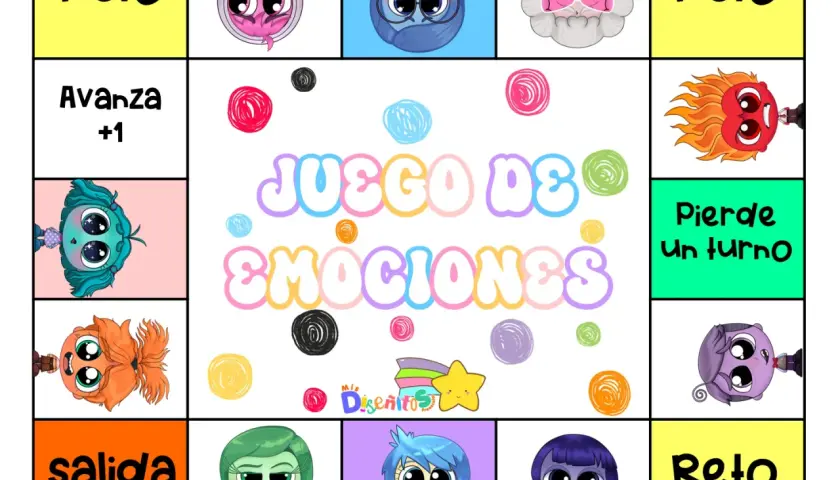 Tablero de juegos de las emociones para niños con personajes coloridos y casillas de "Reto", "Avanza +1", "Pierde un turno" y "Salida".