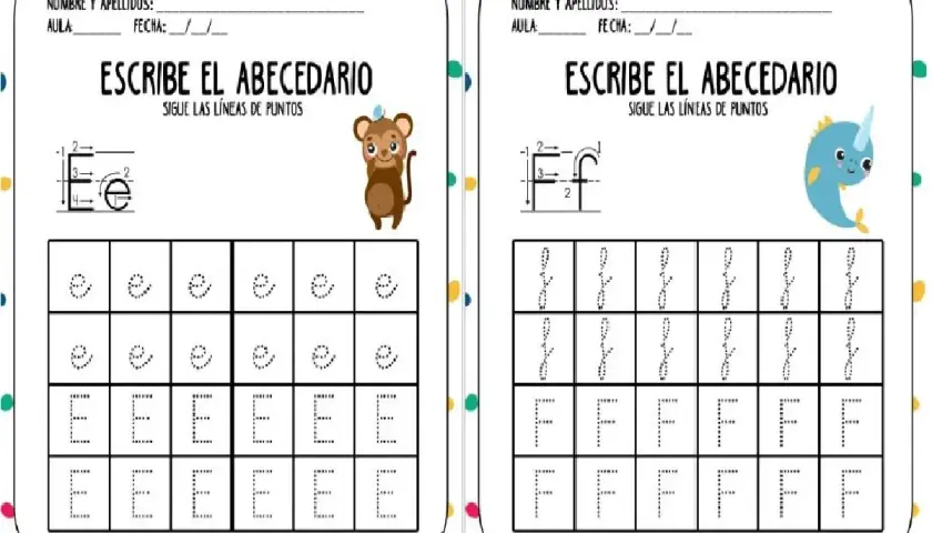 Fichas para aprender a escribir el abecedario, con letras E y F punteadas para trazar. Un mono y un narval animan el ejercicio.