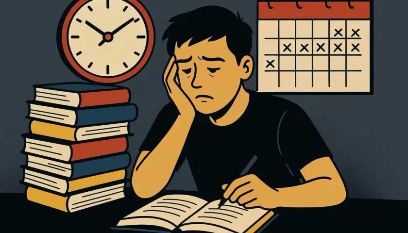 Estudiante agobiado, preguntándose cuantas horas hay que estudiar para un examen. Libros, reloj y calendario marcan la presión.