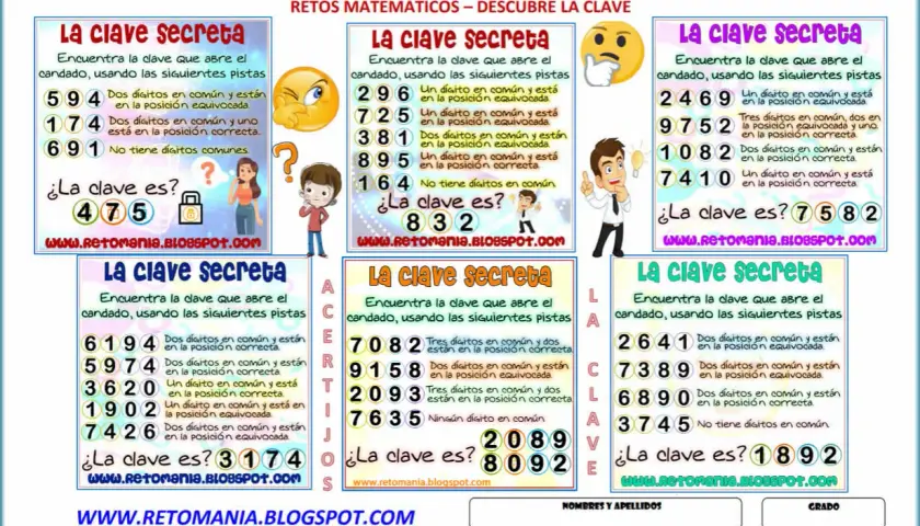 Retos matemáticos para resolver acertijos. Cada panel presenta un candado y pistas numéricas para descifrar la clave secreta.