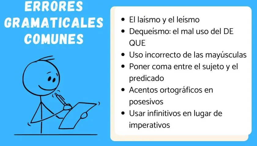 Un personaje de palo escribe, aprendiendo sobre errores comunes de gramática y sintaxis, como el dequeísmo.