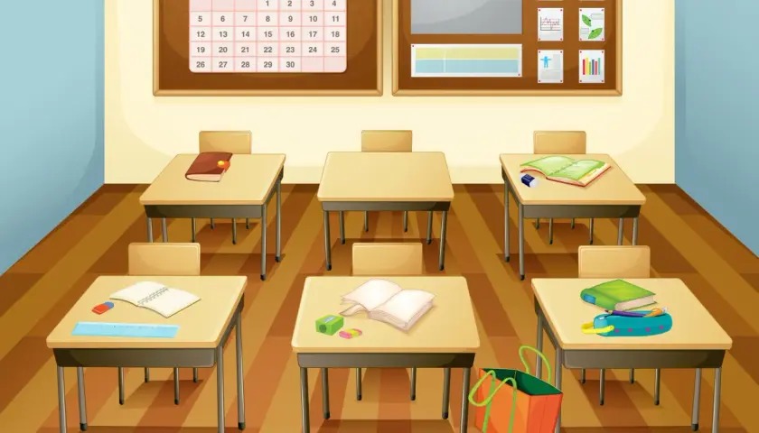 Aula vacía con pupitres, libros y un calendario, lista para un estudio cognitivo.