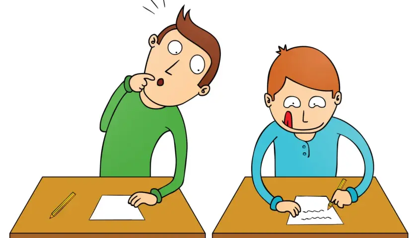 Dos estudiantes en pupitres. Uno, con expresión de sorpresa, se toca la barbilla, pensando cómo memorizar para un examen. El otro, concentrado, escribe.