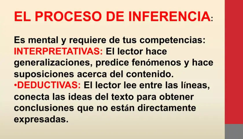 El proceso de inferencia es mental. Se divide en interpretativas (generalizaciones, predicciones) y deductivas (leer entre líneas para hacer inferencias).