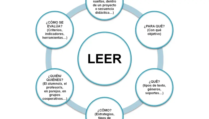 Diagrama circular sobre la competencia lectora, con "LEER" en el centro y preguntas clave alrededor: ¿En qué situación?, ¿Para qué?, ¿Qué?, ¿Cómo?, ¿Quién/Quiénes? y ¿Cómo se evalúa?.