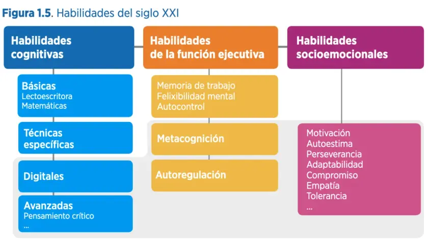 Diagrama de habilidades del siglo XXI: cognitivas (básicas, técnicas, digitales, avanzadas), de función ejecutiva (memoria, flexibilidad, autocontrol, metacognición, autorregulación) y socioemocionales (motivación, autoestima, etc.).