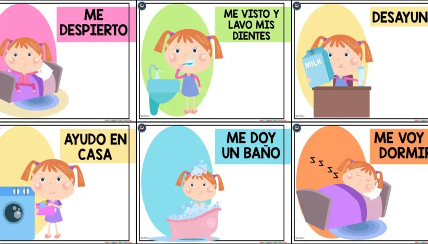 Niña en cama, lavándose dientes, desayunando, ayudando en casa, bañándose y durmiendo. Ilustra rutinas de aprendizaje diarias.
