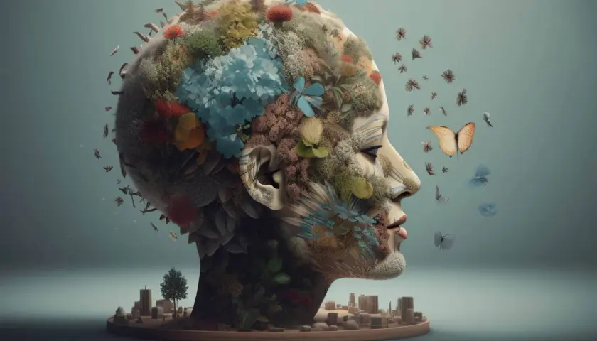 Cabeza humana cubierta de vegetación y flores, con mariposas revoloteando. Un paisaje urbano en miniatura se asienta en la base, evocando la **memoria eidética** de un mundo natural.