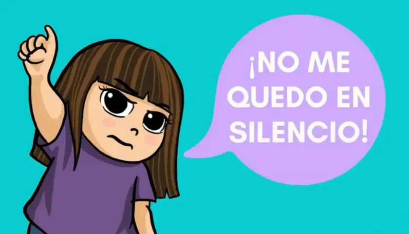 Niña con puño en alto y burbuja de diálogo que dice "¡NO ME QUEDO EN SILENCIO!". Ideal para videos educativos primaria.