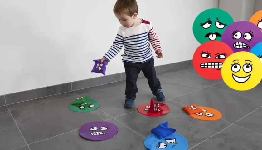Niño jugando con figuras de emociones para educación infantil. Reconoce y asocia caras con sentimientos.