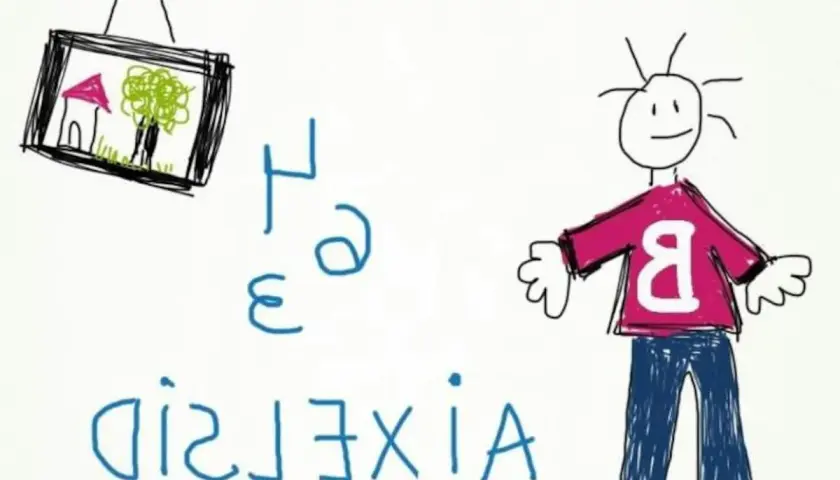 Un dibujo infantil muestra un cuadro con una casa y un árbol, letras desordenadas y un niño con una "B" en su camiseta, como si lo viera un disléxico.