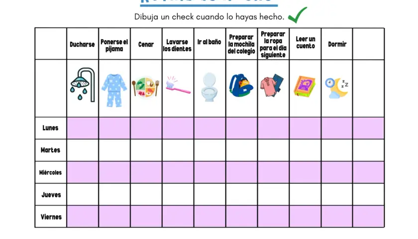Pictograma para niños: tabla de rutina nocturna con iconos para ducharse, pijama, cenar, dientes, baño, mochila, ropa, cuento y dormir.