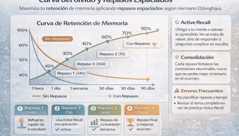 Gráfico de la curva del olvido y repasos espaciados. Muestra cómo la retención de memoria disminuye sin repasos, pero mejora con la **curva del olvido repasos** espaciados.