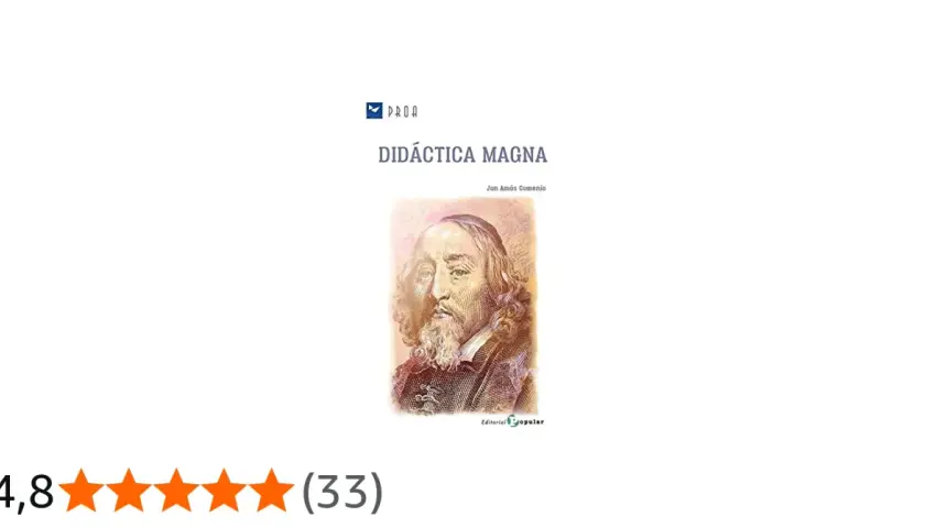 Portada de "Didáctica Magna" de Juan Amós Comenio, con retrato del autor y valoración de 4,8 estrellas.