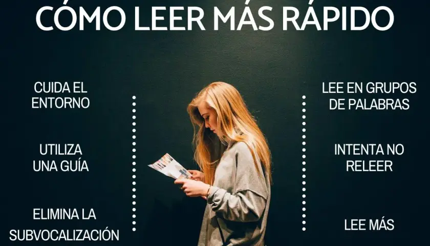 Chica rubia leyendo, con consejos sobre métodos para aprender a leer más rápido: cuida el entorno, usa guía, elimina subvocalización, lee en grupos de palabras, no releas, lee más.