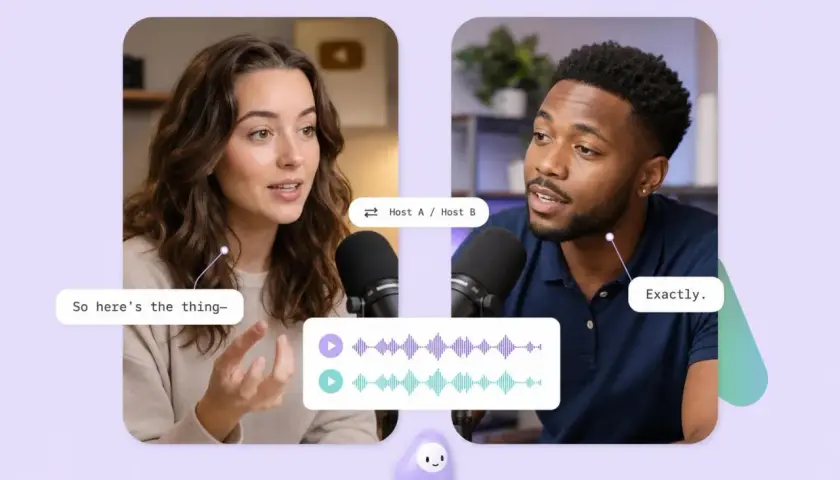 Dos personas conversan frente a micrófonos, creando un podcast para estudiar. Se ven ondas sonoras y burbujas de diálogo.