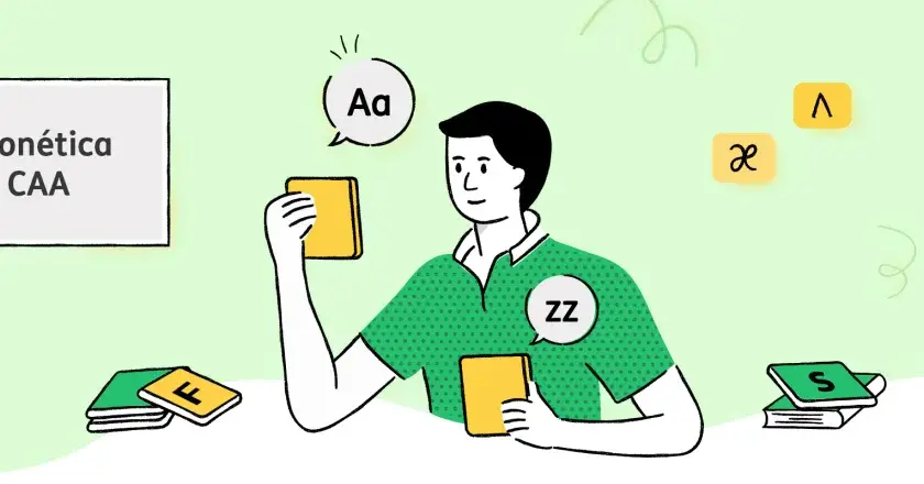 Un hombre aprende fonética y CAA. Un pictograma de "gracias" aparece en su mente.