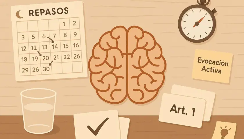 Cerebro, calendario de repasos y cronómetro ilustran la memoria asociativa, con ejemplos como "Evocación Activa" y "Art. 1".
