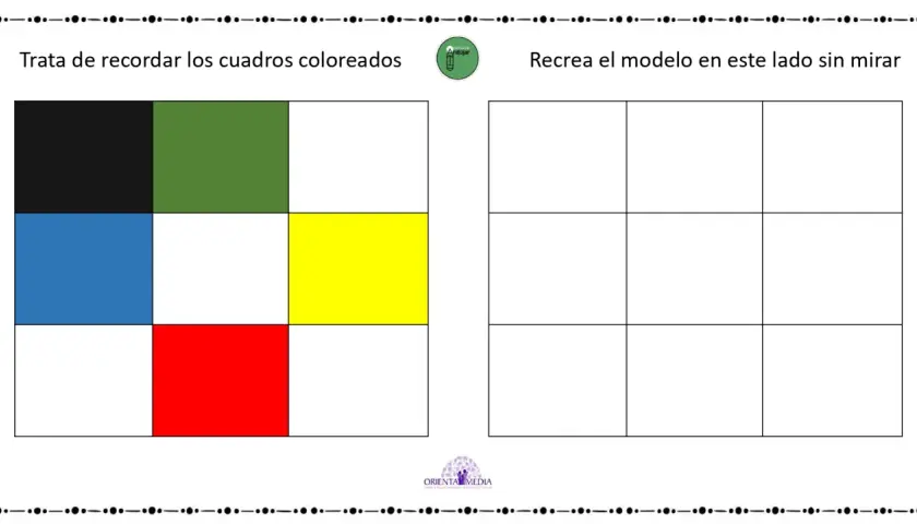 Ejercicio para la memoria visoespacial: reproduce el patrón de cuadros de colores (negro, verde, azul, amarillo, rojo) en el lado derecho.
