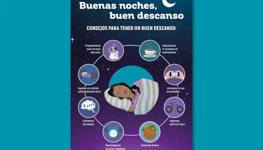 Ilustración que resalta la importancia del descanso con consejos como limitar pantallas, hacer ejercicio y comer liviano.