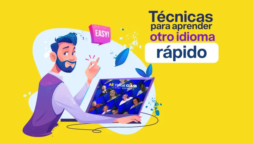 Un hombre sonriente señala una pantalla de computadora que muestra una clase virtual. El texto dice "Técnicas para aprender otro idioma rápido".