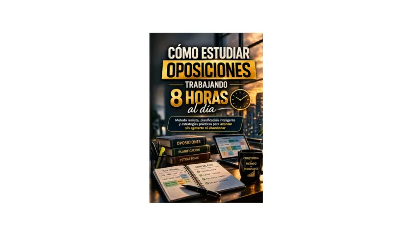 Libro "Cómo estudiar oposiciones trabajando 8 horas al día". Muestra un escritorio con libros, portátil y agenda, ideal para quienes buscan cómo estudiar oposiciones trabajando.