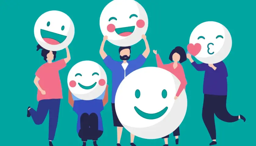 Personas celebrando la inteligencia emocional en el aula, mostrando diferentes caritas felices.